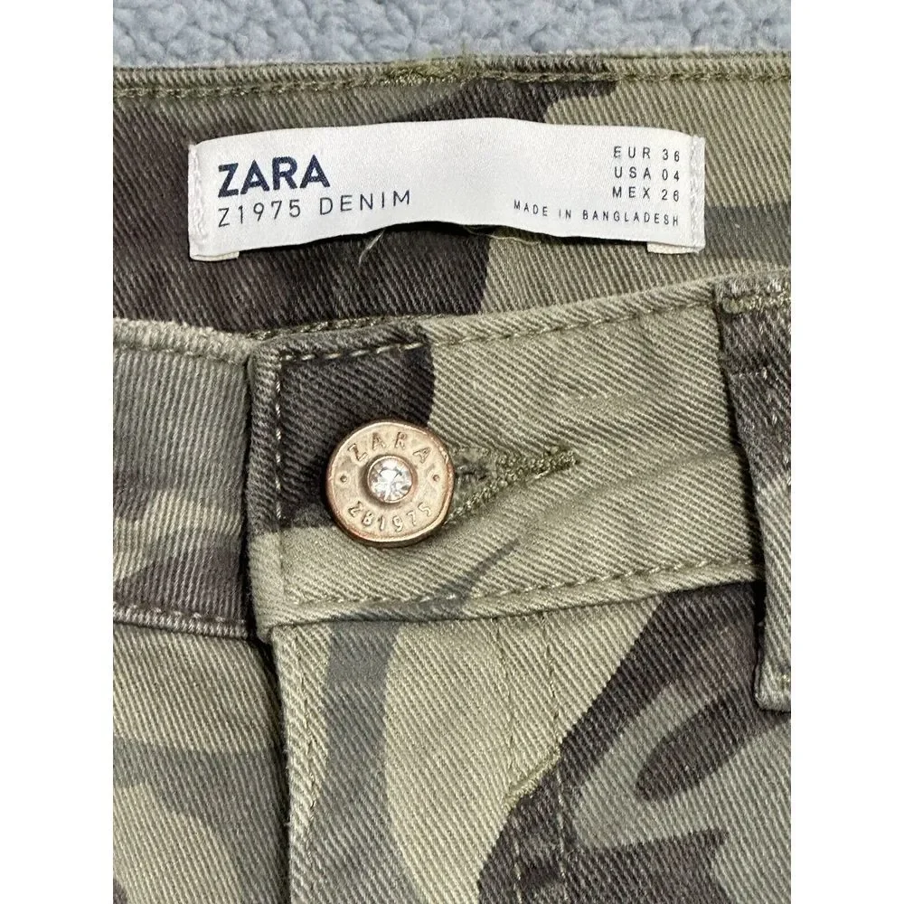 Zara Z1975‎ Denim Camouflage Ankle Pants Green Distressed Raw Hem Womens 4 - Picture 3 of 11
